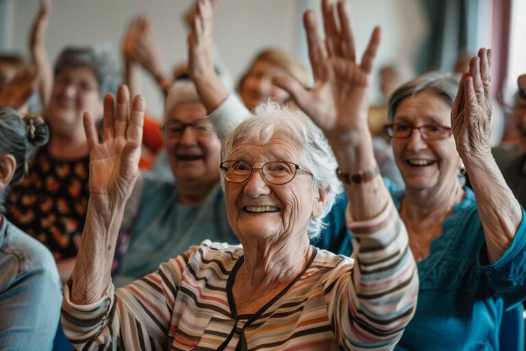 Older adults participating in a seated group exercise class with a staff member assisting.